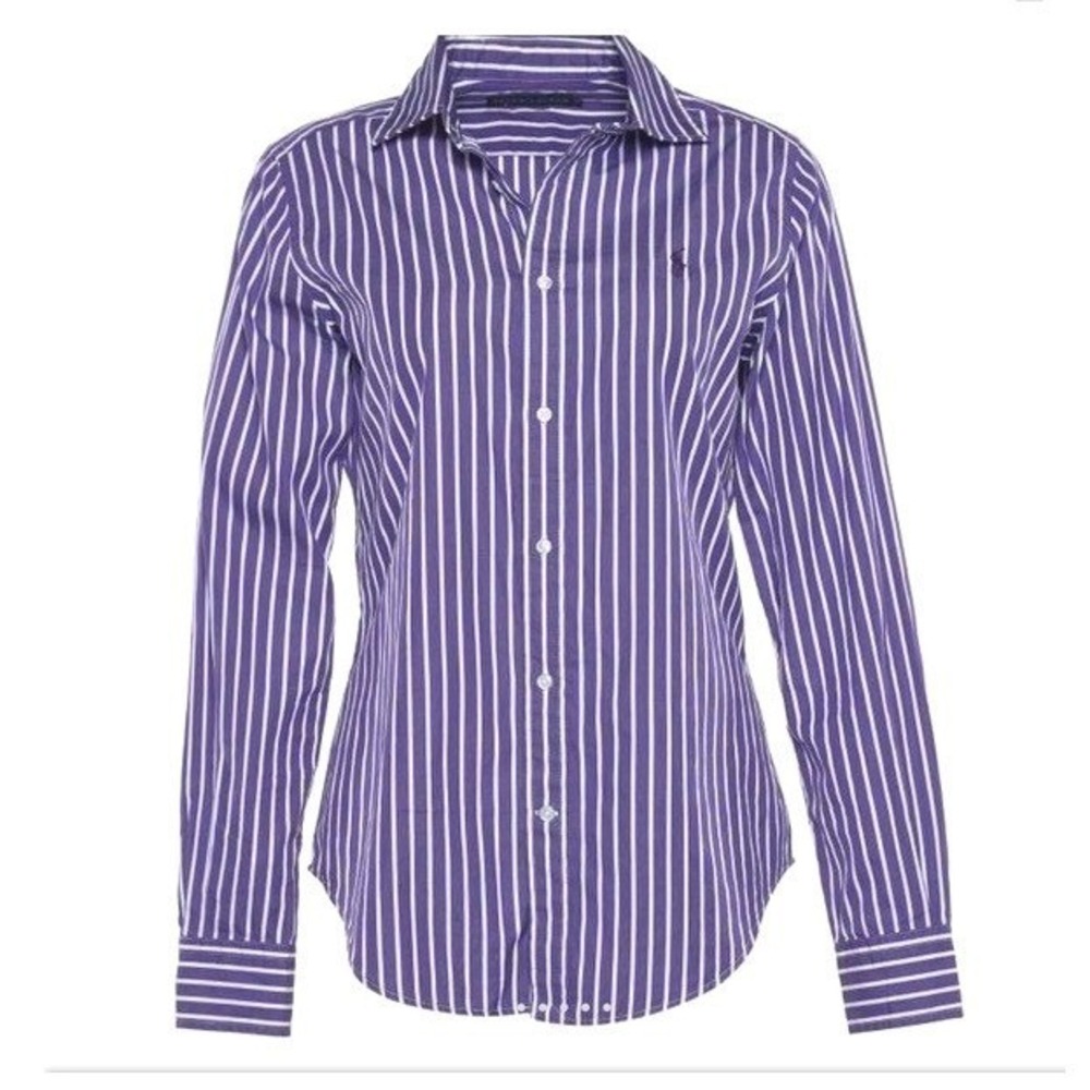 Lauren Ralph Lauren Women's Striped Button Down Shirt Purple White Classic, 10